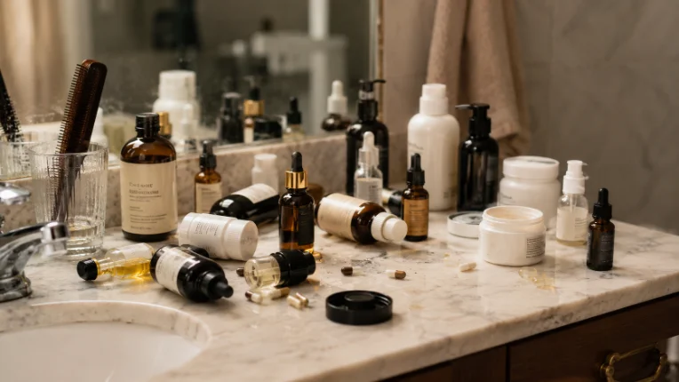 A shelf of oils, biotin and growth serums