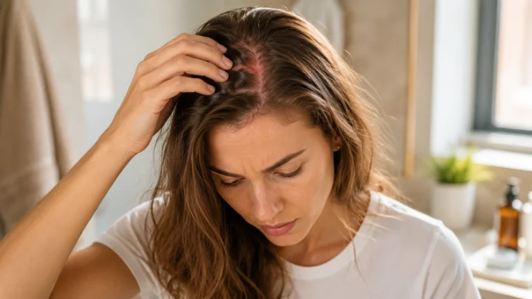 An irritated, inflamed scalp seen close up