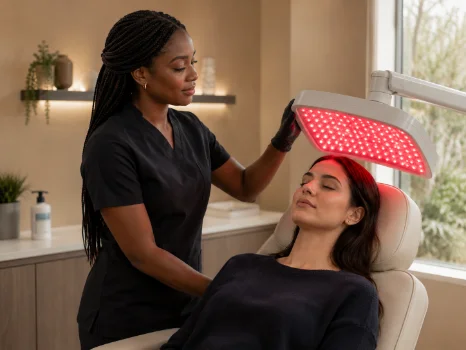 A red light therapy panel in use